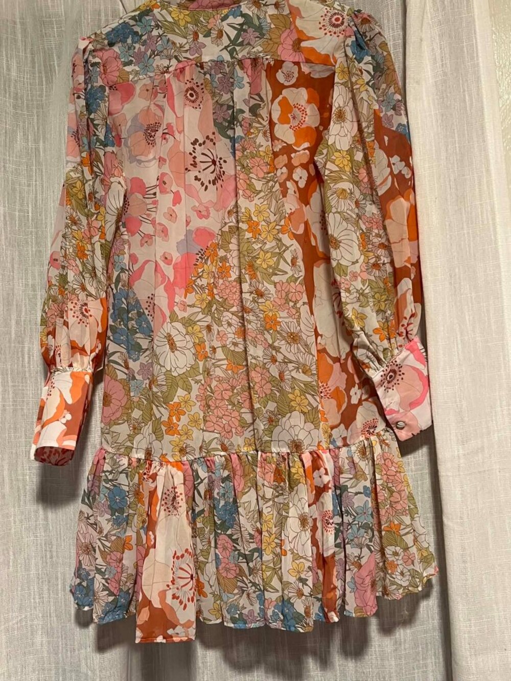 Pink Ripple Sheer Mini Dress Boho Style Floral Size S
